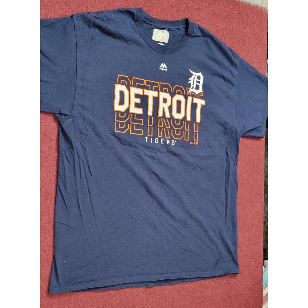 Majestic Detroit Tigers Blue Baseball MLB Tee T-Shirt Size XL Logo Spellout
